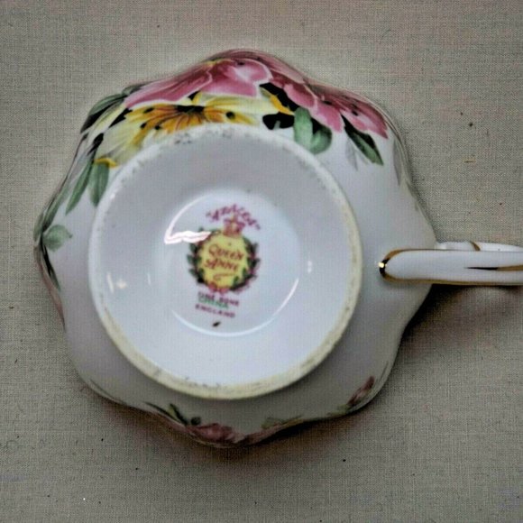 Queen Anne Fine Bone China England Pink & Yellow Azalea Footed Tea Cup & Saucer - Picture 14 of 14